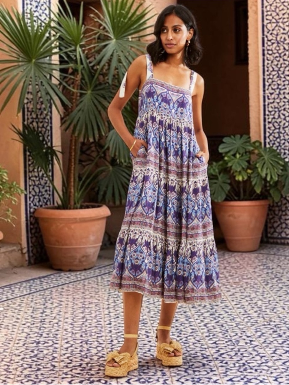 Caroline Costas Tiered Boho Midi Dress with Tie Straps in Blue & Purple - XL